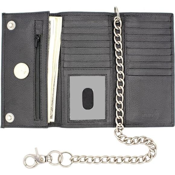 Long Trifold Chain Wallet for Men, Leather Checkbook Cover, RFID Blocking chain - Picture 5 of 8
